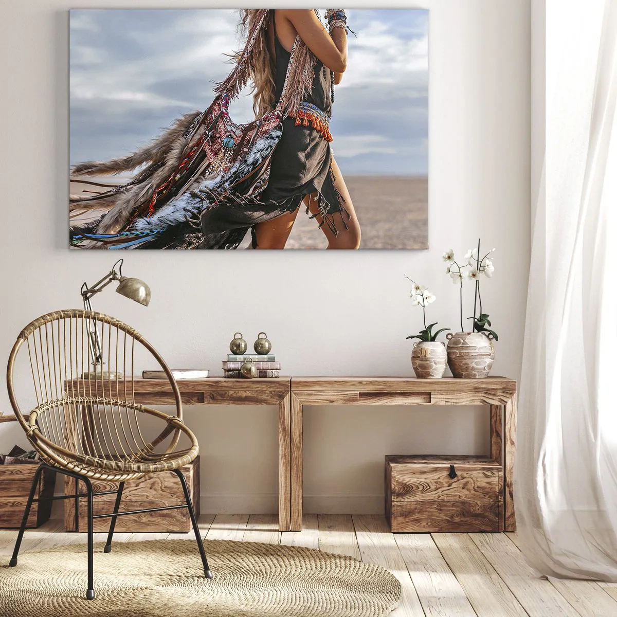 Tablou pe pânză Canvas - O femeie în stil boho cu detalii din pene și bijuterii - 70x50cm - Iubita șamanului - Decorațiune modernă pentru perete pentru living și dormitor ARTTOR