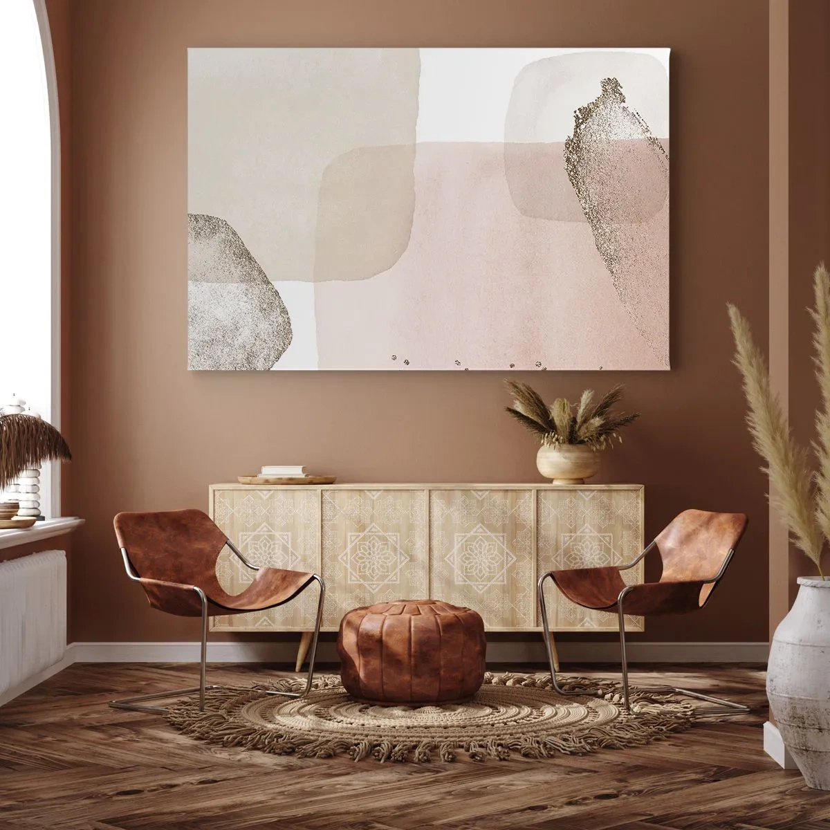 Tablou pe pânză Canvas - Pete pastelate cu elemente aurii - 70x50cm - O privire prin culoare - Decorațiune modernă pentru perete pentru living și dormitor ARTTOR