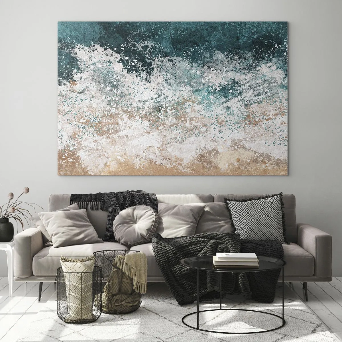 Tablou pe sticlă - Valuri abstracte ale mării în nuanțe de turcoaz, alb și bej nisipos - 70x50cm - Povești despre mare - Decorațiune modernă pentru perete pentru living și dormitor ARTTOR
