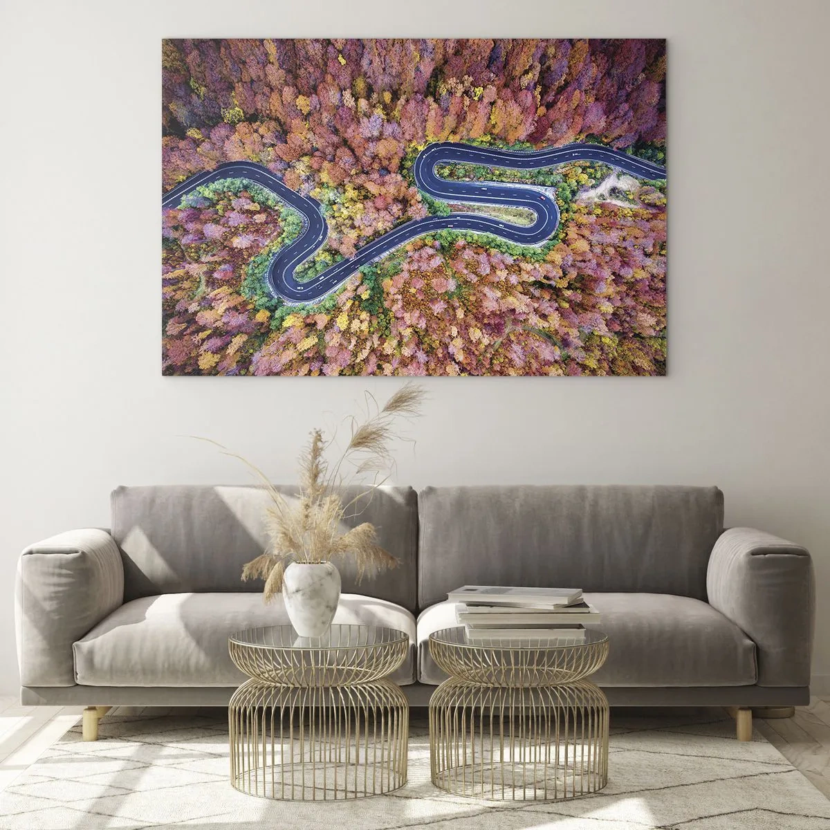 Tablou pe sticlă - O vedere de sus a unui drum șerpuitor printre copaci colorați de toamnă - 70x50cm - Un drum șerpuit prin pădure - Decorațiune modernă pentru perete pentru living și dormitor ARTTOR