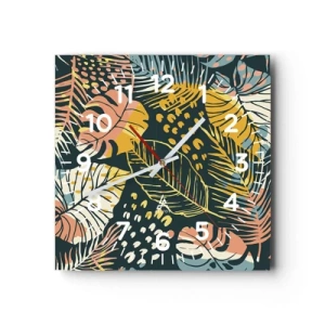 Ceas de perete - Ceas pe sticlă - Fantezie cu frunze - 30x30 cm