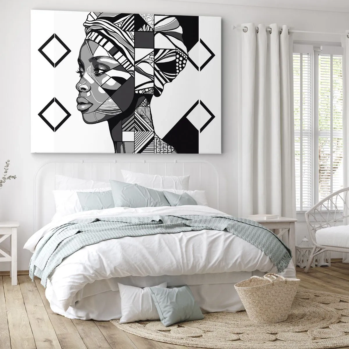 Tablou pe pânză Canvas - Portret alb-negru al unei femei în stil etnic - 70x50cm - Portret etnic - Decorațiune modernă pentru perete pentru living și dormitor ARTTOR