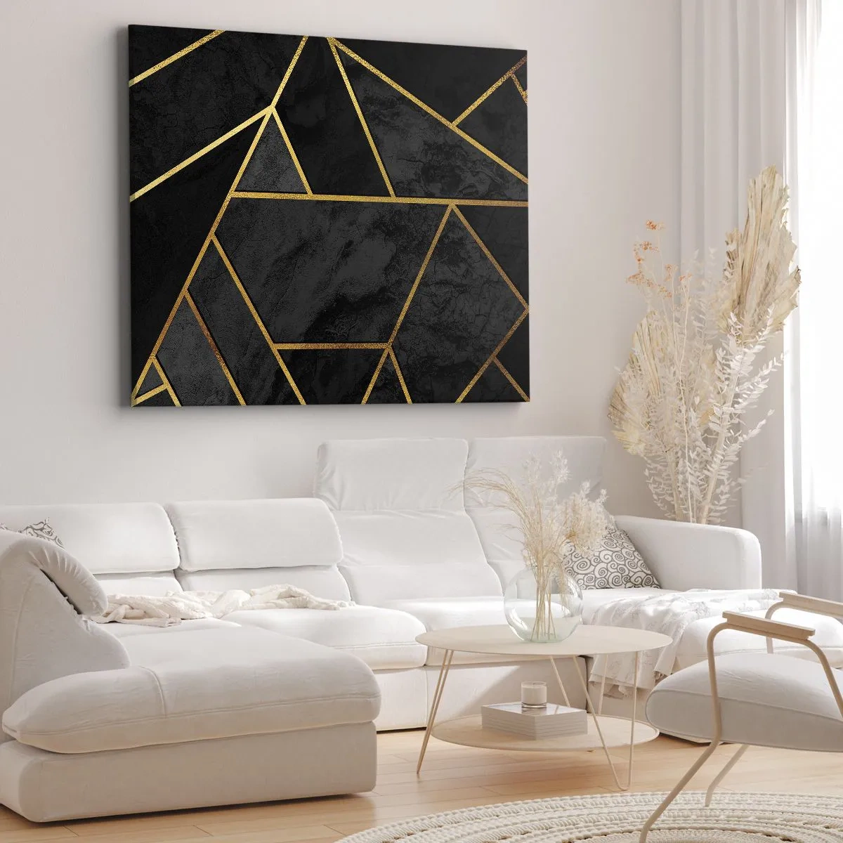Tablou pe pânză Canvas - Model geometric auriu pe fundal negru - 70x50cm - Întuneric și lumină - Decorațiune modernă pentru perete pentru living și dormitor ARTTOR