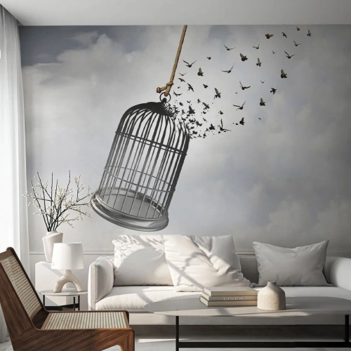 Tapet Standard Eco - Păsări care zboară dintr-o cușcă spartă pe cer - 100x70cm - Credință...Speranță...Libertate! - Decorațiune modernă pentru perete pentru living și dormitor ARTTOR