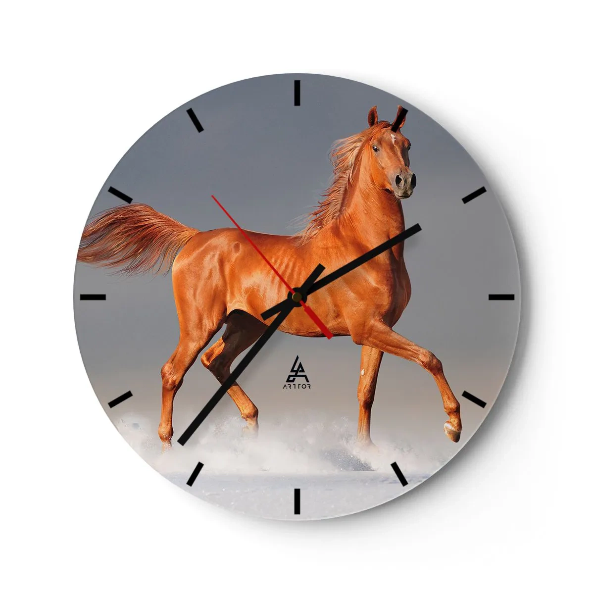 Ceas de perete - Ceas pe sticlă - Un cal galopant cu blană castanie pe un fundal deschis - 30x30cm - Dansul grației - Decorațiune modernă pentru perete pentru living, bucătărie și dormitor ARTTOR