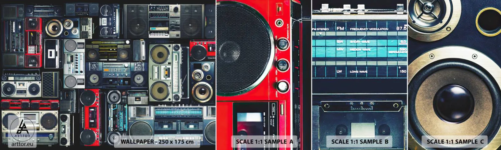 Mostră tapet autocolant Deluxe Sticker - Nostalgie pentru anii `80. - Casetofon, Amplificator muzical, Echipament muzical de epocă - 100x30 cm
