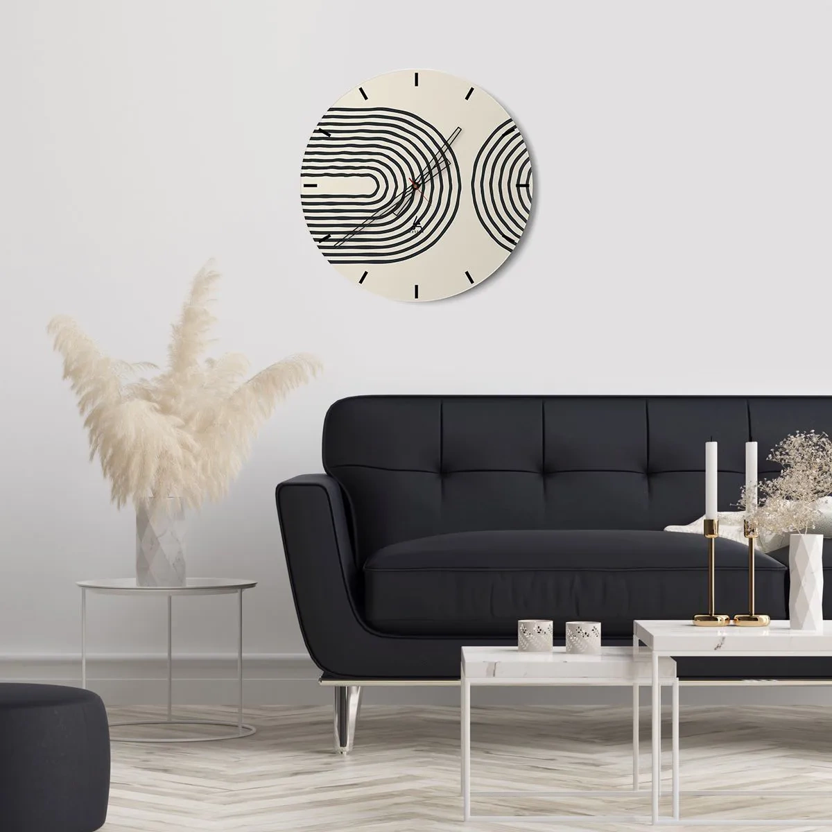 Ceas de perete - Ceas pe sticlă - Linii geometrice sub formă de valuri concentrice pe un fundal bej - 30x30cm - În curând... - Decorațiune modernă pentru perete pentru living, bucătărie și dormitor ARTTOR