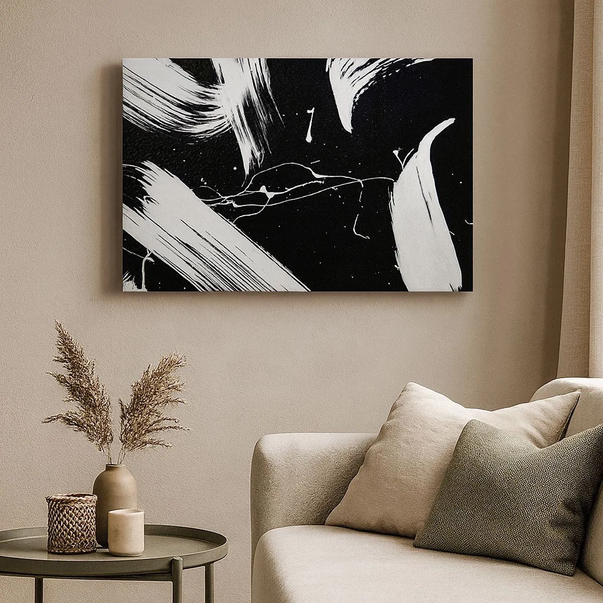 Tablou pe pânză Canvas - Linii albe abstracte pe fundal negru - 70x50cm - Abisul întunericului - Decorațiune modernă pentru perete pentru living și dormitor ARTTOR