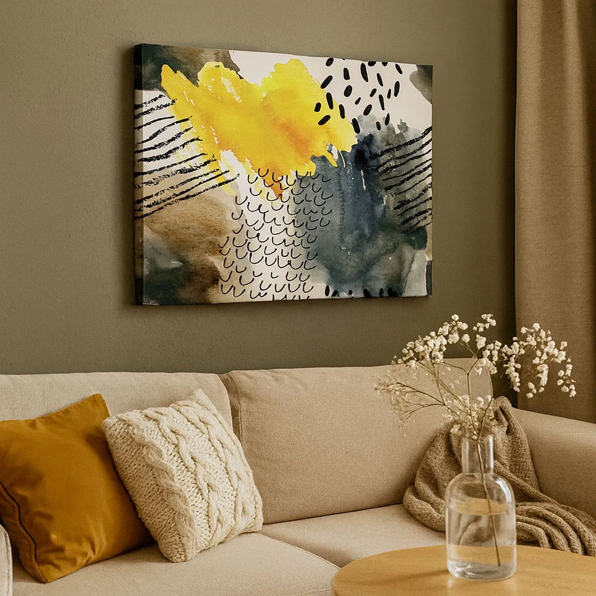 Tablou pe pânză Canvas - O compoziție abstractă cu accente galbene și modele grafice. - 70x50cm - O întâlnire a elementelor - Decorațiune modernă pentru perete pentru living și dormitor ARTTOR