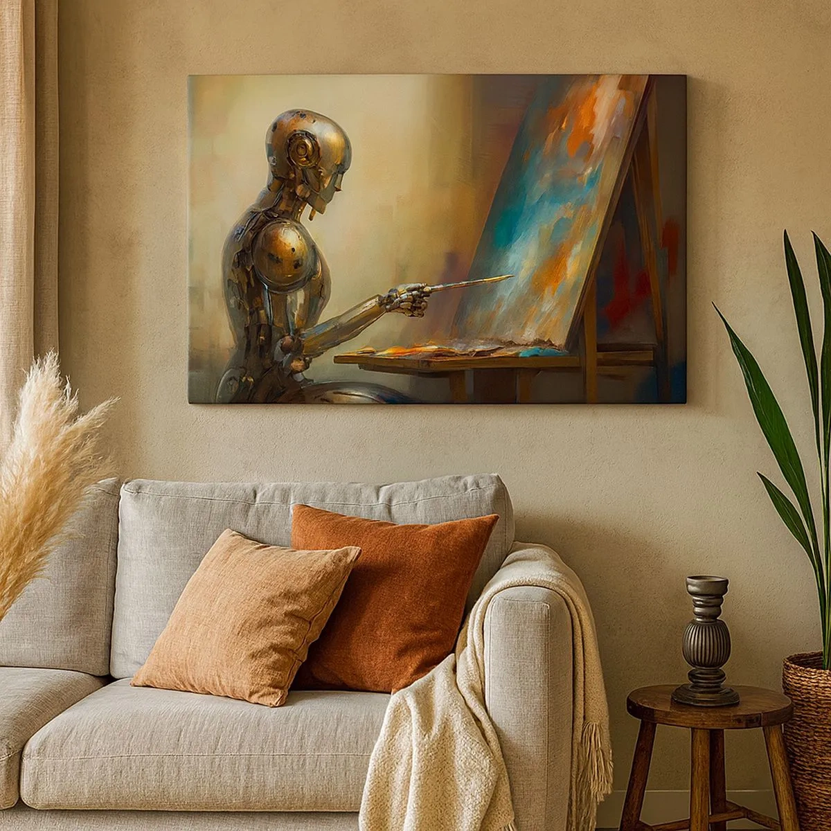 Tablou pe pânză Canvas - Un robot pictând pe o pânză într-un stil artistic - 70x50cm - Arta viitorului - Decorațiune modernă pentru perete pentru living și dormitor ARTTOR