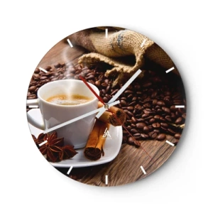 Ceas de perete - Ceas pe sticlă - ceașcă de cafea cu condimente și boabe de cafea - 30x30cm - Gust și aromă de mirodenii - Decorațiune modernă pentru perete pentru living, bucătărie și dormitor ARTTOR