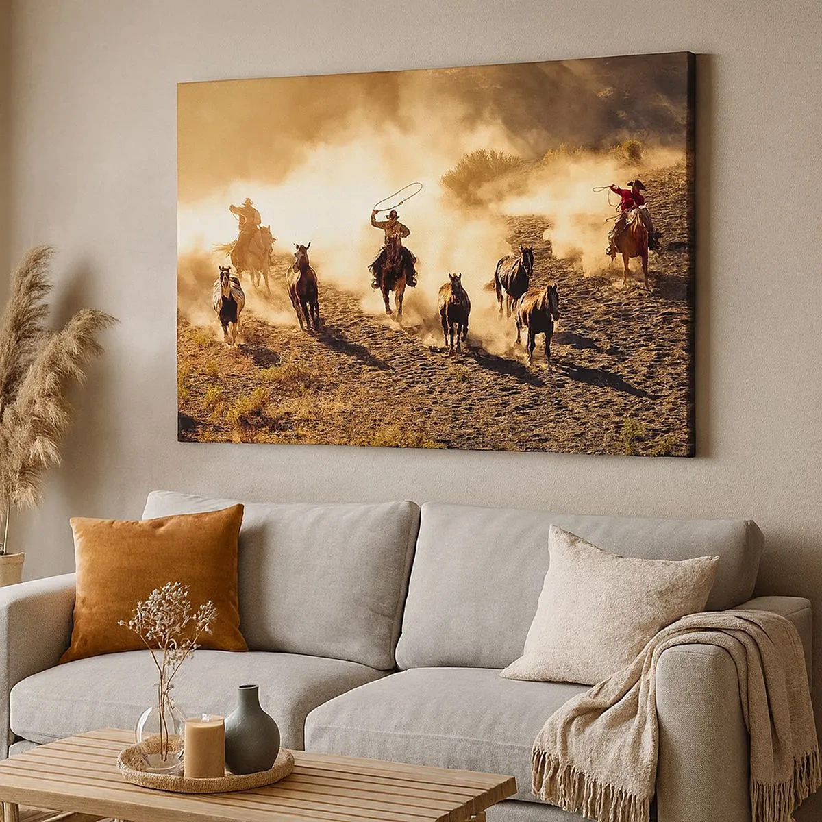 Tablou pe pânză Canvas - Cowboy călare în acțiune pe terenul deșertic - 70x50cm - Un vest cu adevărat sălbatic - Decorațiune modernă pentru perete pentru living și dormitor ARTTOR