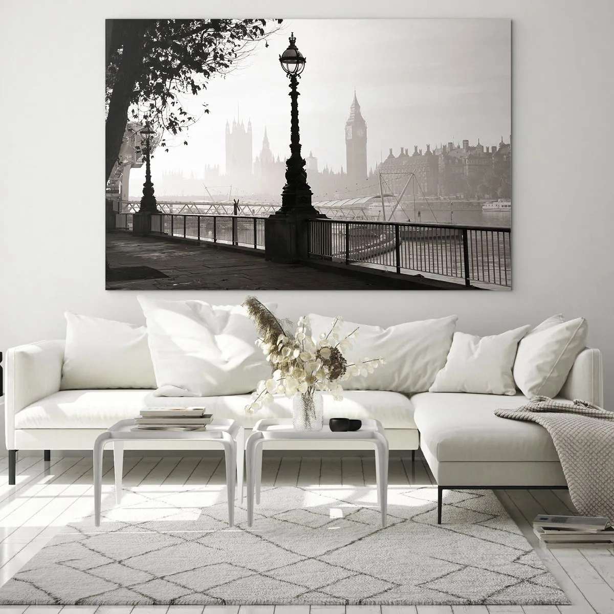 Tablou pe sticlă - Fotografie alb-negru a promenadei londoneze cu Big Ben - 70x50cm - Londra de dimineața - Decorațiune modernă pentru perete pentru living și dormitor ARTTOR