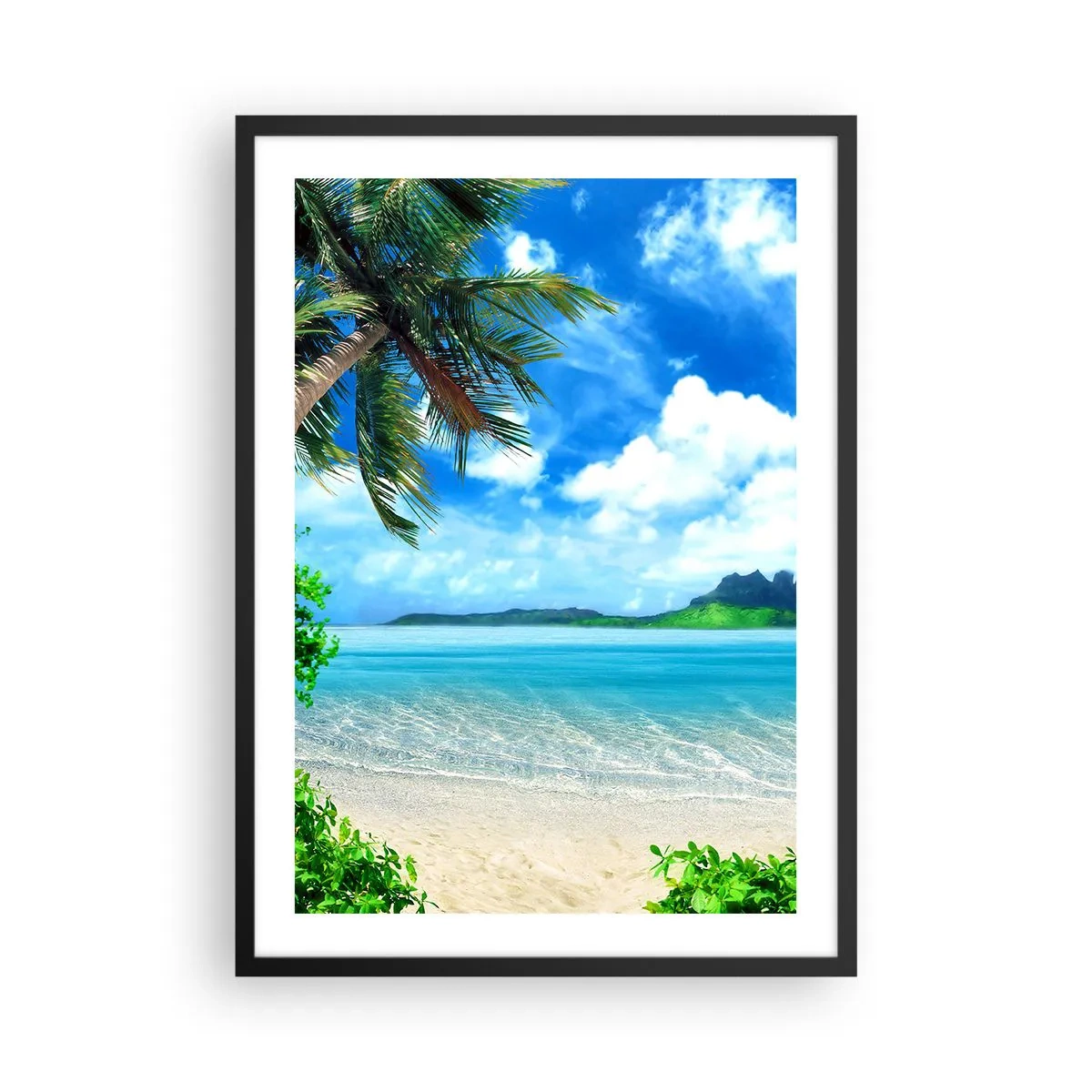 Poster în ramă neagră - Plajă tropicală cu palmieri și mare azurie - 50x70cm - Azur de la tropice - Decorațiune modernă pentru perete pentru living și dormitor ARTTOR