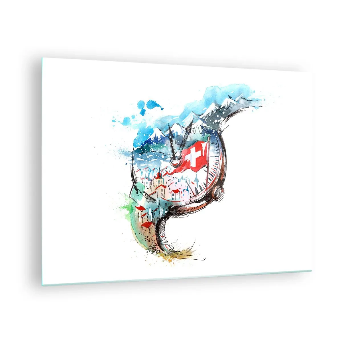 Tablou pe sticlă - Pictură în acuarelă a unui peisaj elvețian cu un steag și un ceas - 70x50cm - Spiritul Elveției - Decorațiune modernă pentru perete pentru living și dormitor ARTTOR