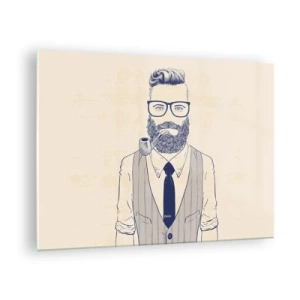 Tablou pe sticlă - Un bărbat stilizat cu barbă, ochelari și pipă pe un fundal deschis la culoare. - 70x50cm - Vesel, masculin și la modă - Decorațiune modernă pentru perete pentru living și dormitor ARTTOR