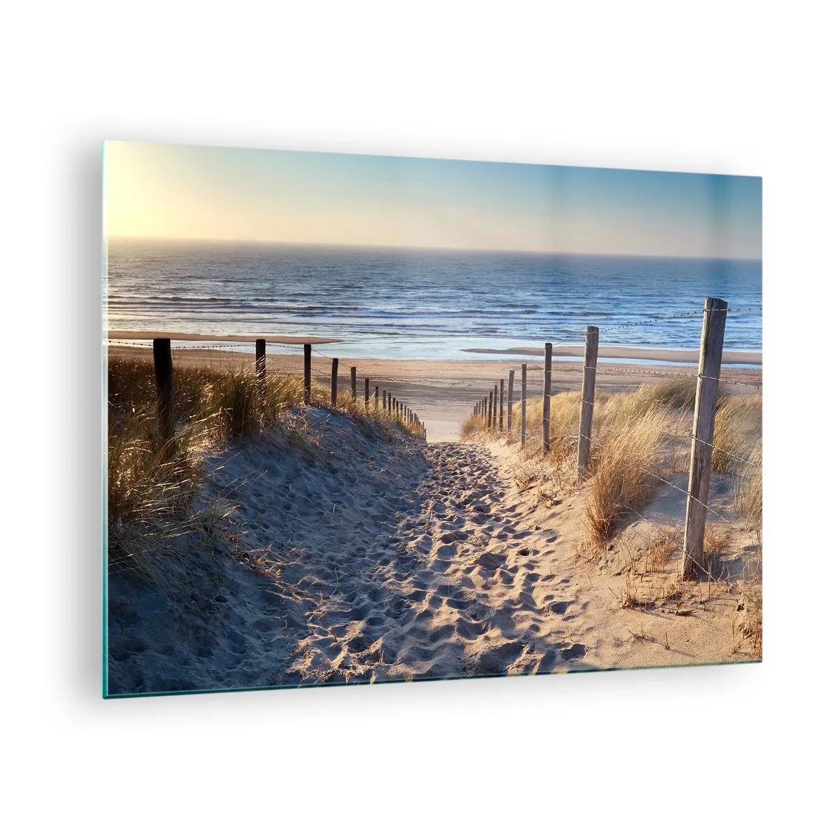 Tablou pe sticlă - O potecă printre dune care duce la o plajă cu o mare calmă - 70x50cm - Zumzet de mare, o plajă sălbatică printre ierburi... - Decorațiune modernă pentru perete pentru living și dormitor ARTTOR
