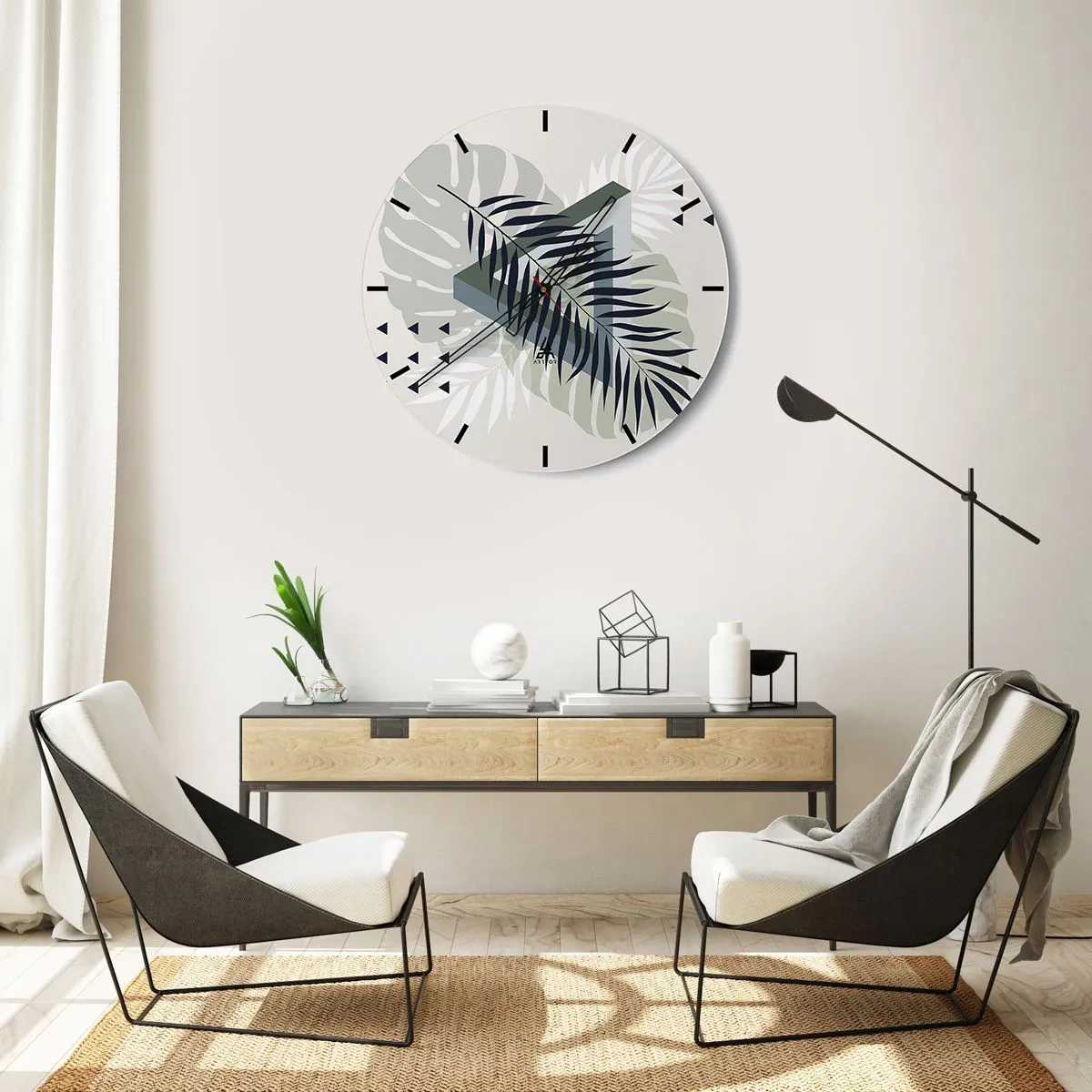 Ceas de perete - Ceas pe sticlă - Compoziție geometrică cu frunze tropicale - 30x30cm - Natura și geometria - două ordine? - Decorațiune modernă pentru perete pentru living, bucătărie și dormitor ARTTOR