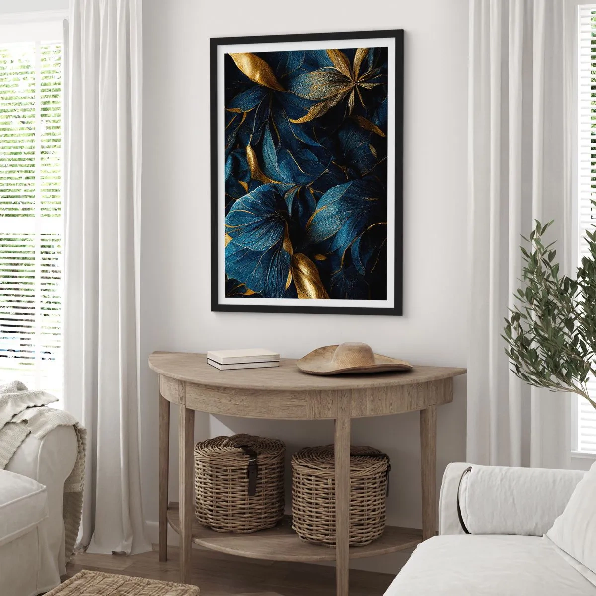 Poster în ramă neagră - Frunze aurii pe un fundal albastru marin intens - 50x70cm - Căptușită cu aur - Decorațiune modernă pentru perete pentru living și dormitor ARTTOR