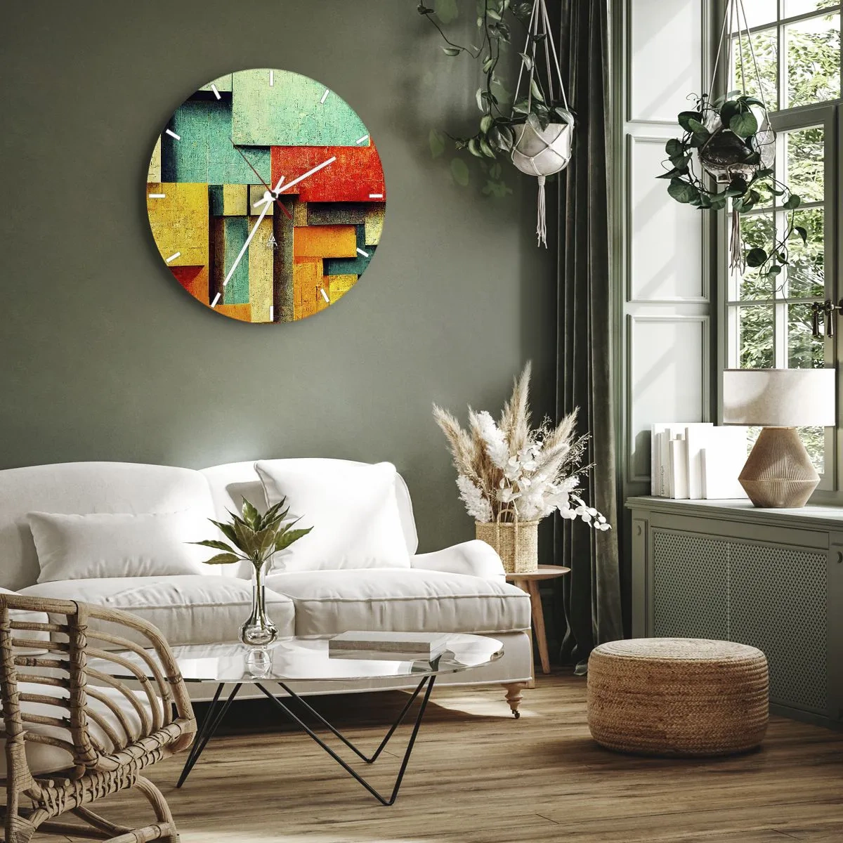 Ceas de perete - Ceas pe sticlă - Blocuri geometrice colorate într-un stil abstract - 30x30cm - Festival de unghiuri drepte - Decorațiune modernă pentru perete pentru living, bucătărie și dormitor ARTTOR