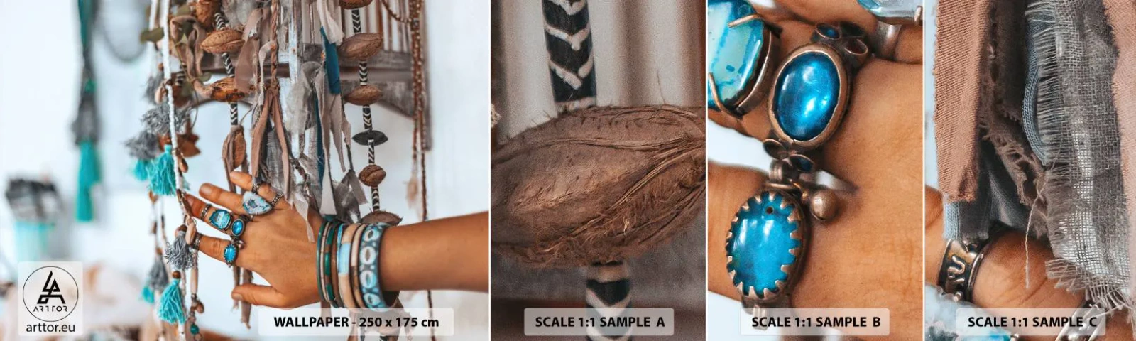 Mostră tapet autocolant Deluxe Sticker - Comori locale - Mâna Femeii, Bijuterii, Boho - 100x30 cm