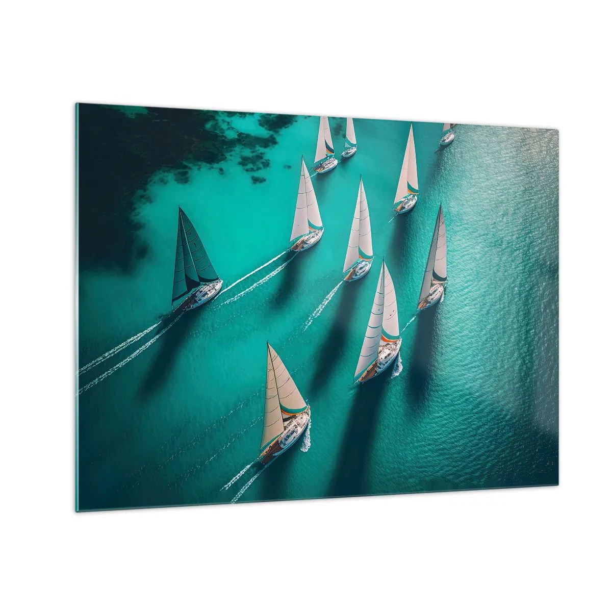 Tablou pe sticlă - Bărci cu pânze pe ape turcoaz surprinse din vedere - 70x50cm - Cursa cu vântul - Decorațiune modernă pentru perete pentru living și dormitor ARTTOR