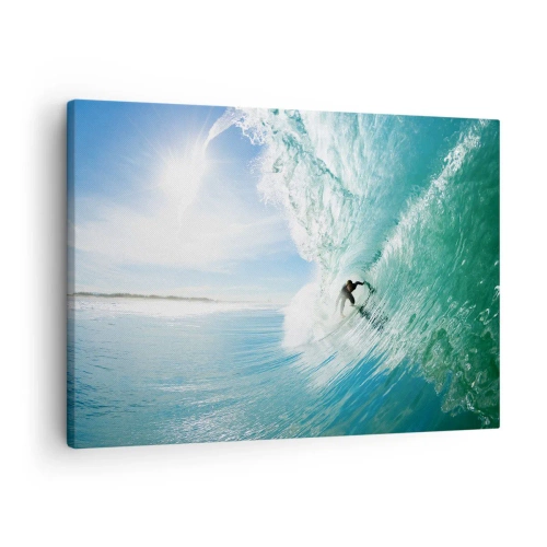 Tablou pe pânză Canvas - Un surfer călărind un val în lumina soarelui pe un cer albastru - 70x50cm - Întotdeauna pe val - Decorațiune modernă pentru perete pentru living și dormitor ARTTOR