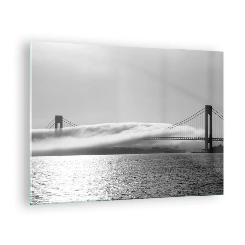 Tablou pe sticlă - Un pod în alb și negru cu ceață deasupra apei - 70x50cm - Să trecem prin Golden Gate - Decorațiune modernă pentru perete pentru living și dormitor ARTTOR