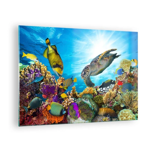 Tablou pe sticlă - Scenă subacvatică cu broaște țestoase, pești și corali - 70x50cm - Promenada de corali - Decorațiune modernă pentru perete pentru living și dormitor ARTTOR