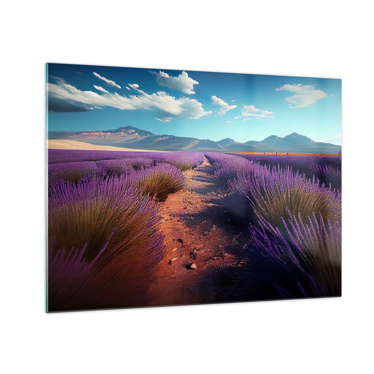 Tablou pe sticlă - Câmpuri de lavandă la apus cu vedere la munți - 70x50cm - Câmpuri parfumate - Decorațiune modernă pentru perete pentru living și dormitor ARTTOR