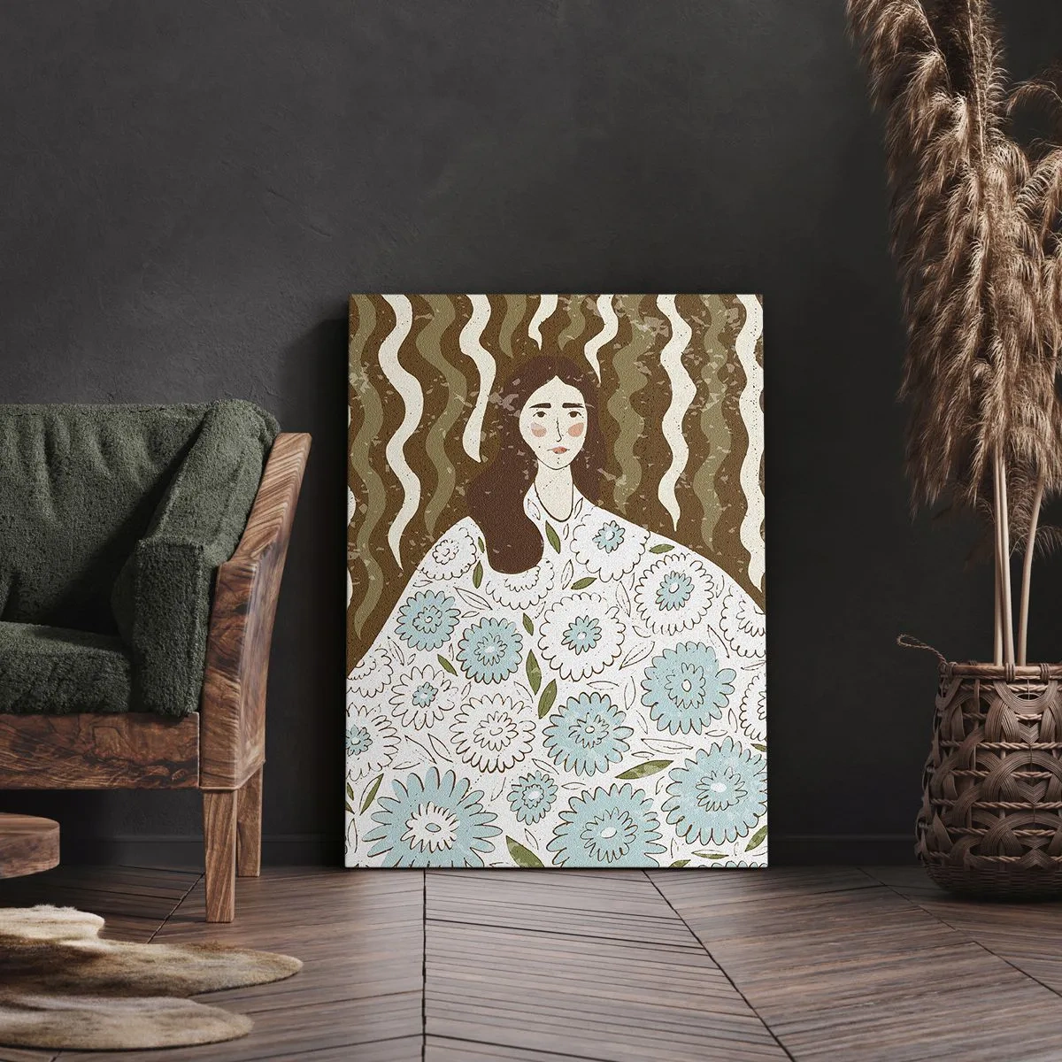 Tablou pe pânză - Portret în rochie înflorată - 65x120 cm