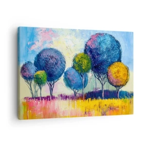 Tablou pe pânză Canvas - Copaci colorați în formă de sferă pe fundalul unui peisaj - 70x50cm - Sfera - forma unui ideal - Decorațiune modernă pentru perete pentru living și dormitor ARTTOR