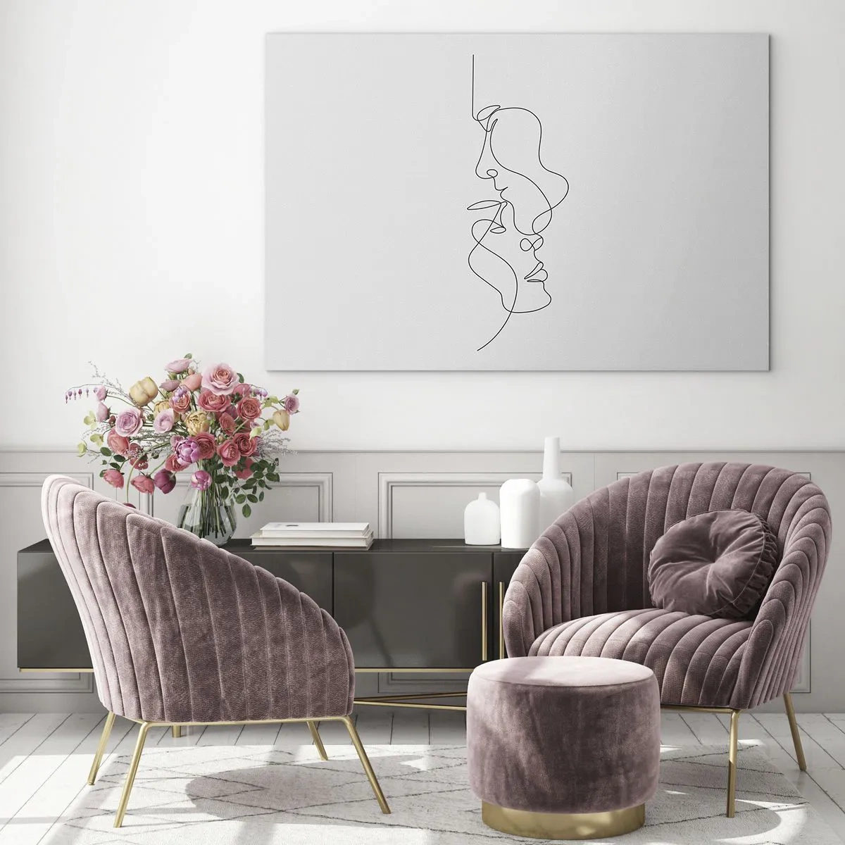 Tablou pe sticlă - Un desen delicat a două fețe într-un singur contur - 70x50cm - Dorință vorace - Decorațiune modernă pentru perete pentru living și dormitor ARTTOR