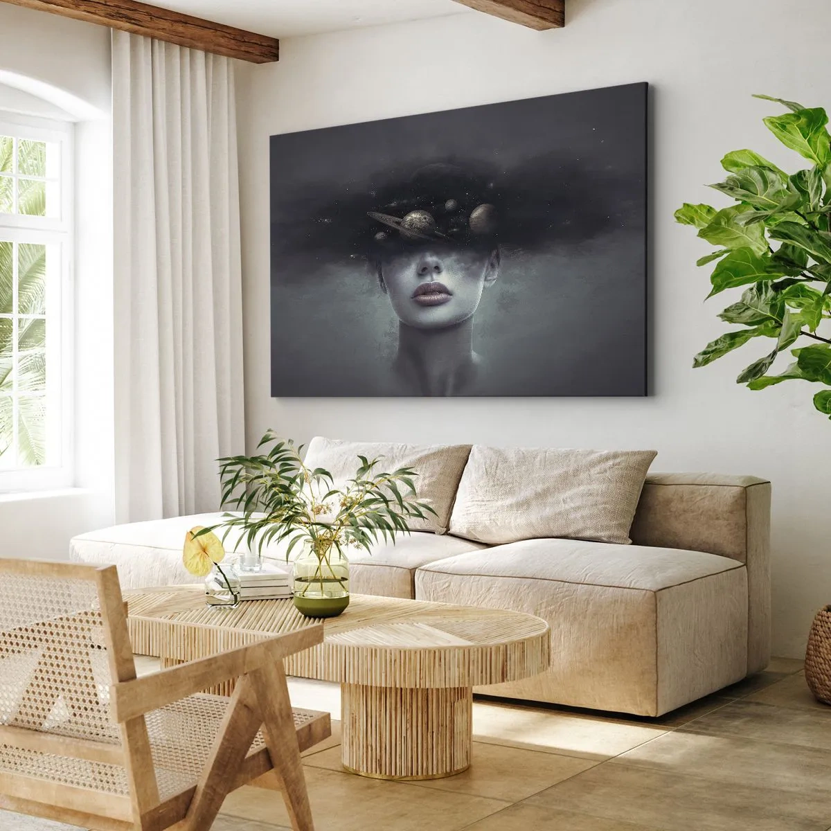 Tablou pe pânză Canvas - Fața unei femei cu un motiv planetar și spațial în fundal - 70x50cm - Și planetele o iau razna... - Decorațiune modernă pentru perete pentru living și dormitor ARTTOR