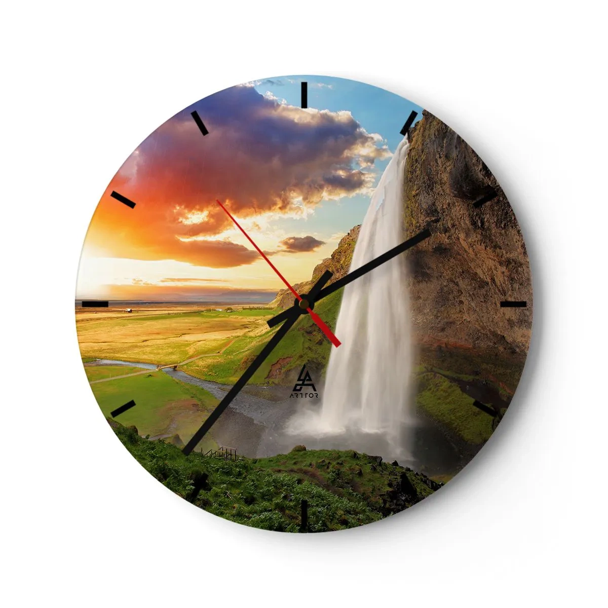 Ceas de perete - Ceas pe sticlă - O cascadă în peisajul islandez la apus - 30x30cm - Vara plină de Islanda - Decorațiune modernă pentru perete pentru living, bucătărie și dormitor ARTTOR