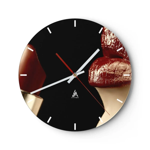 Ceas de perete - Ceas pe sticlă - Buze roșii și ruj pe fundal negru - 30x30cm - Senzualitatea și strălucirea carminului - Decorațiune modernă pentru perete pentru living, bucătărie și dormitor ARTTOR