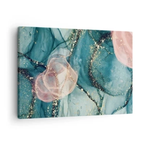 Tablou pe pânză Canvas - O compoziție abstractă în nuanțe de turcoaz și auriu. - 70x50cm - Mătase albastră, tul roz - Decorațiune modernă pentru perete pentru living și dormitor ARTTOR