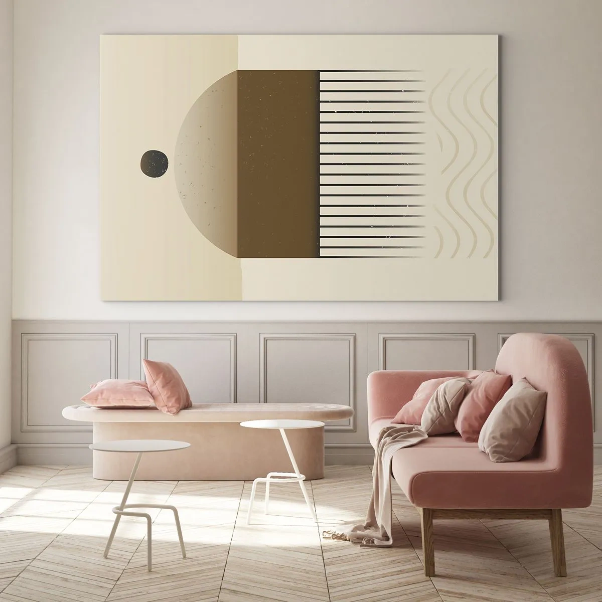 Tablou pe sticlă - Abstracție bej și maro cu forme și linii geometrice - 70x50cm - Stări diferite - Decorațiune modernă pentru perete pentru living și dormitor ARTTOR