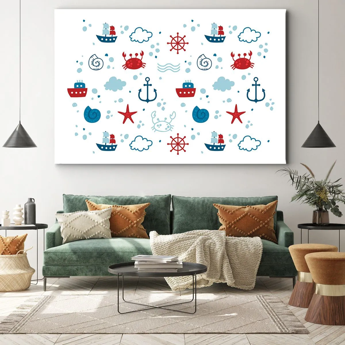 Tablou pe pânză Canvas - Model nautic cu ancore, nave și crabi - 70x50cm - O poveste maritimă - Decorațiune modernă pentru perete pentru living și dormitor ARTTOR