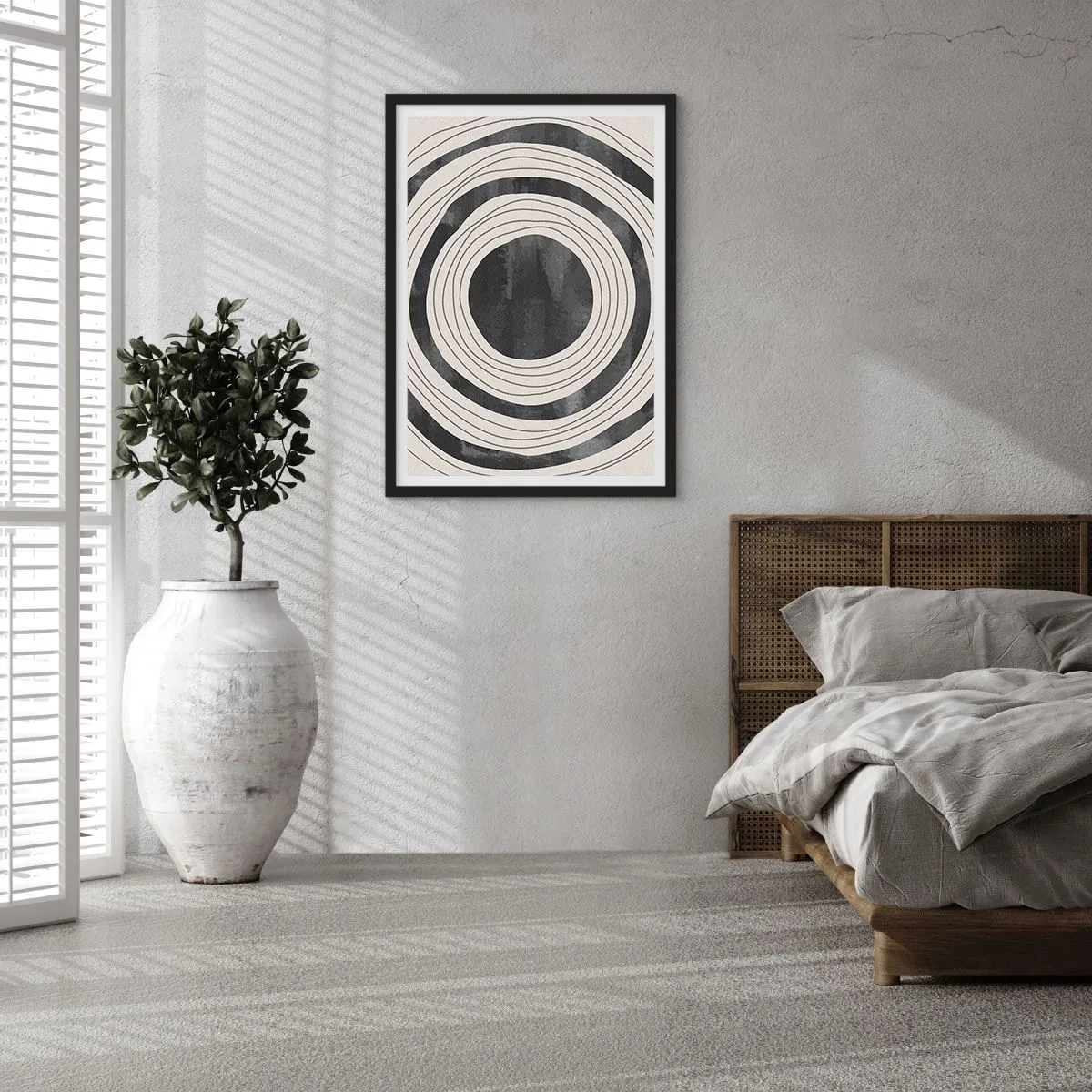 Poster în ramă neagră - Cercuri concentrice abstracte în alb și negru - 50x70cm - Direct la subiect - Decorațiune modernă pentru perete pentru living și dormitor ARTTOR