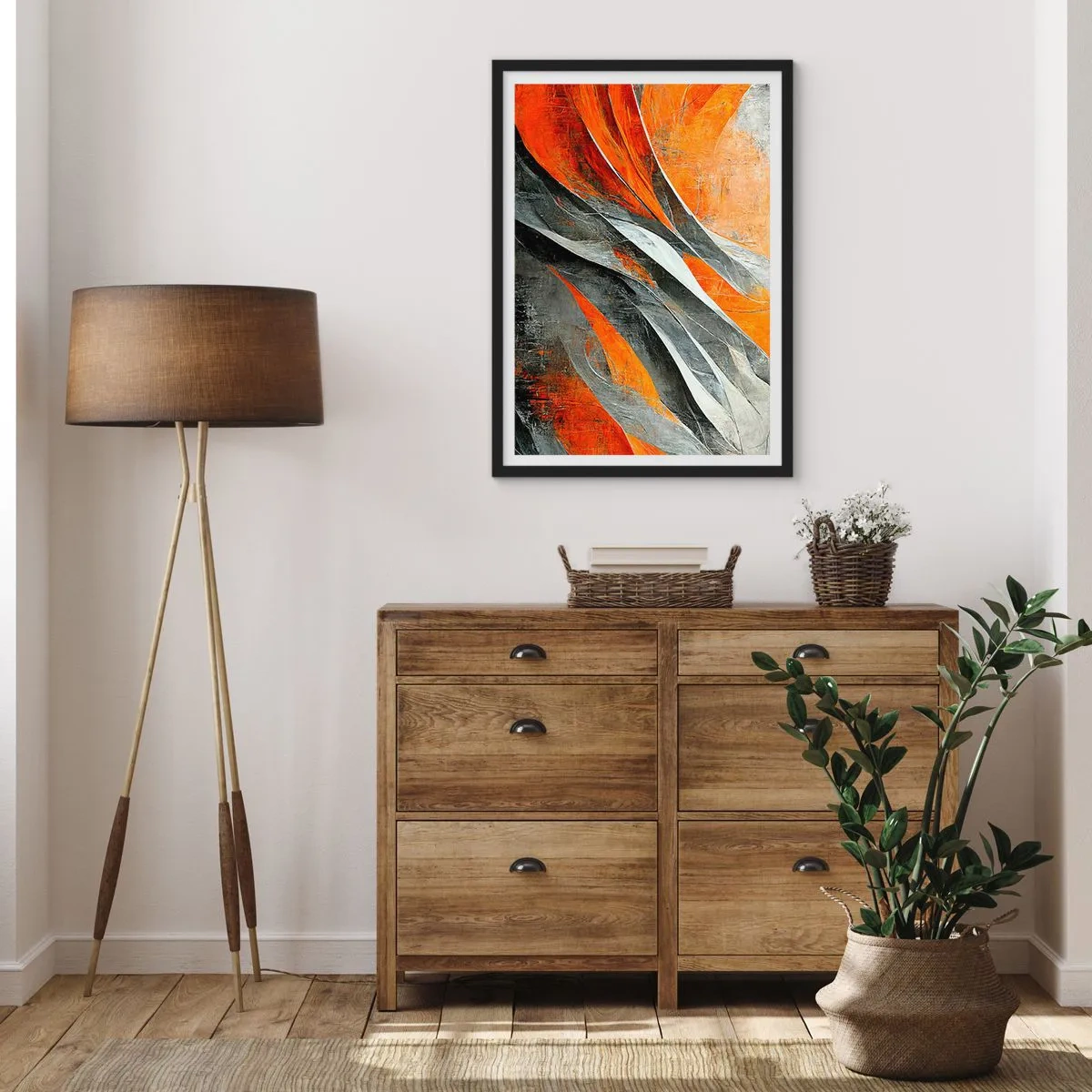 Poster în ramă neagră - Abstracție dinamică în nuanțe de portocaliu și gri - 50x70cm - Căldură și frig - Decorațiune modernă pentru perete pentru living și dormitor ARTTOR