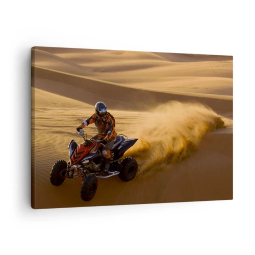 Tablou pe pânză Canvas - Un motociclist pe un ATV care gonește peste dunele de nisip din deșert - 70x50cm - Pe valuri de nisip - Decorațiune modernă pentru perete pentru living și dormitor ARTTOR