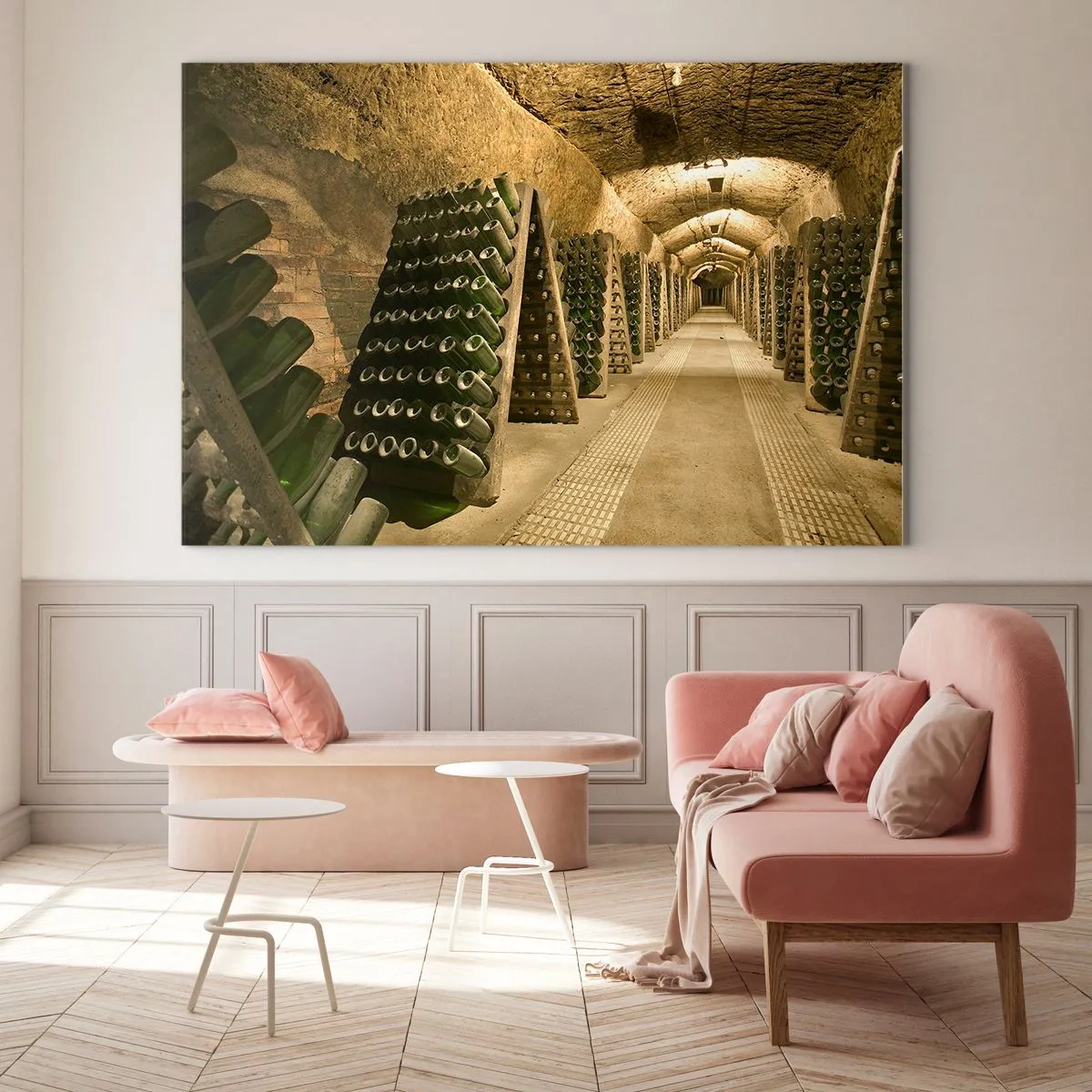 Tablou pe sticlă - O pivniță cu sticle de vin care învechesc pe rânduri - 70x50cm - Nașterea gustului - Decorațiune modernă pentru perete pentru living și dormitor ARTTOR