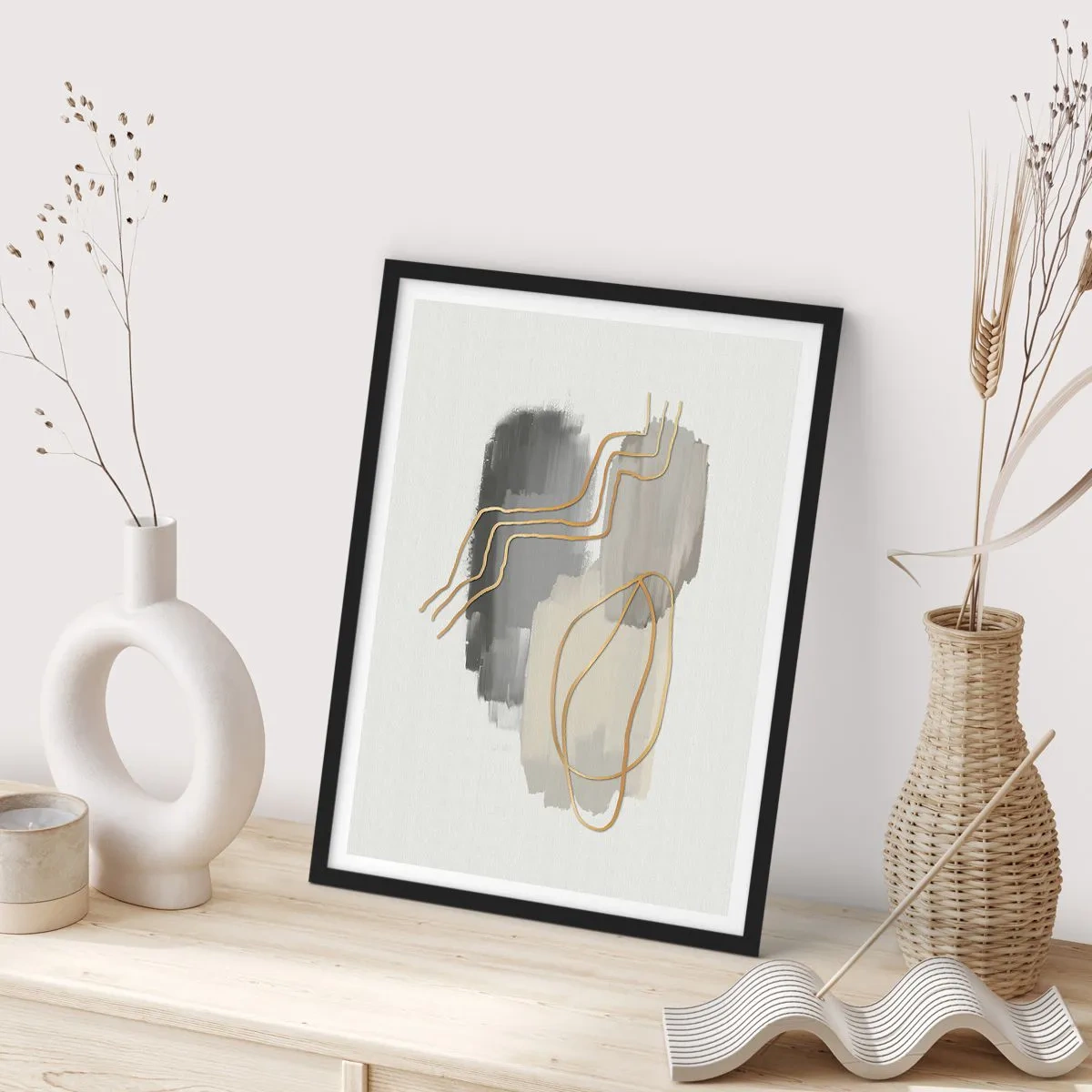 Poster în ramă neagră - Compoziție abstractă cu linii și pete de vopsea - 50x70cm - Persistență și mișcare - Decorațiune modernă pentru perete pentru living și dormitor ARTTOR