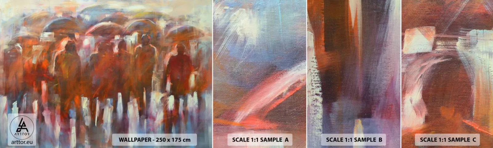 Mostră de Tapet Standard Eco - Egali în ploaie și ceață - oameni, Oras ocupat, Bucată - 100x30 cm