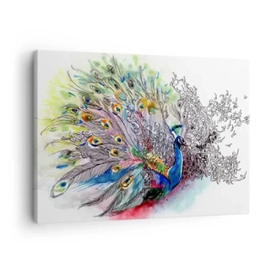Tablou pe pânză Canvas - Un păun într-un stil colorat de acuarelă cu pene abstracte - 70x50cm - Cu mândrie împotriva griului  - Decorațiune modernă pentru perete pentru living și dormitor ARTTOR