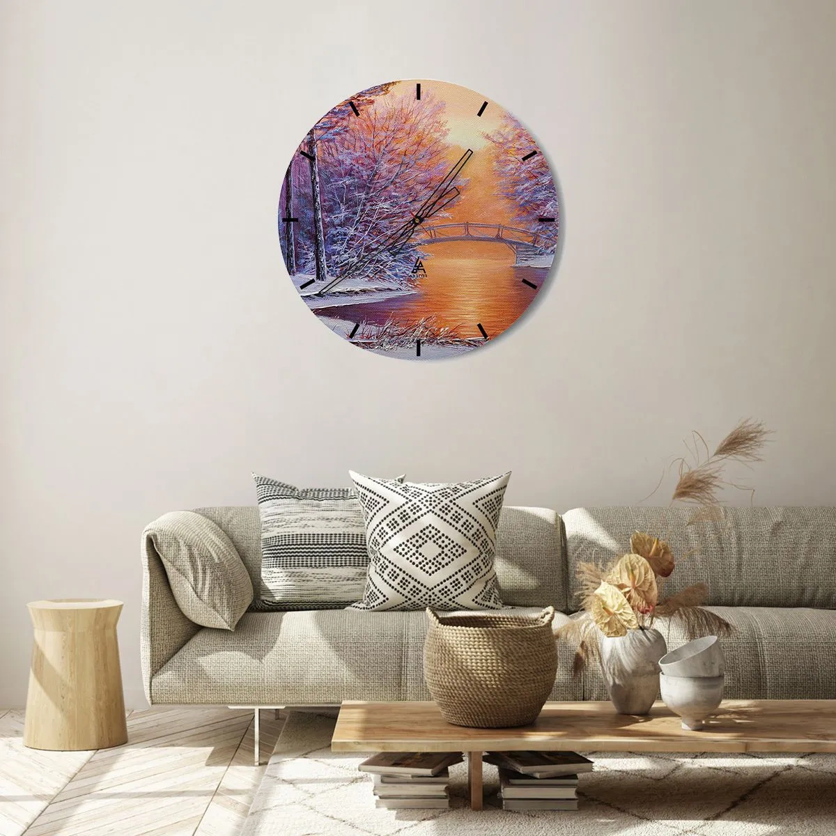 Ceas de perete - Ceas pe sticlă - Peisaj de iarnă cu un pod peste un râu, copaci și zăpadă - 30x30cm - Hai să ne întâlnim aici - Decorațiune modernă pentru perete pentru living, bucătărie și dormitor ARTTOR
