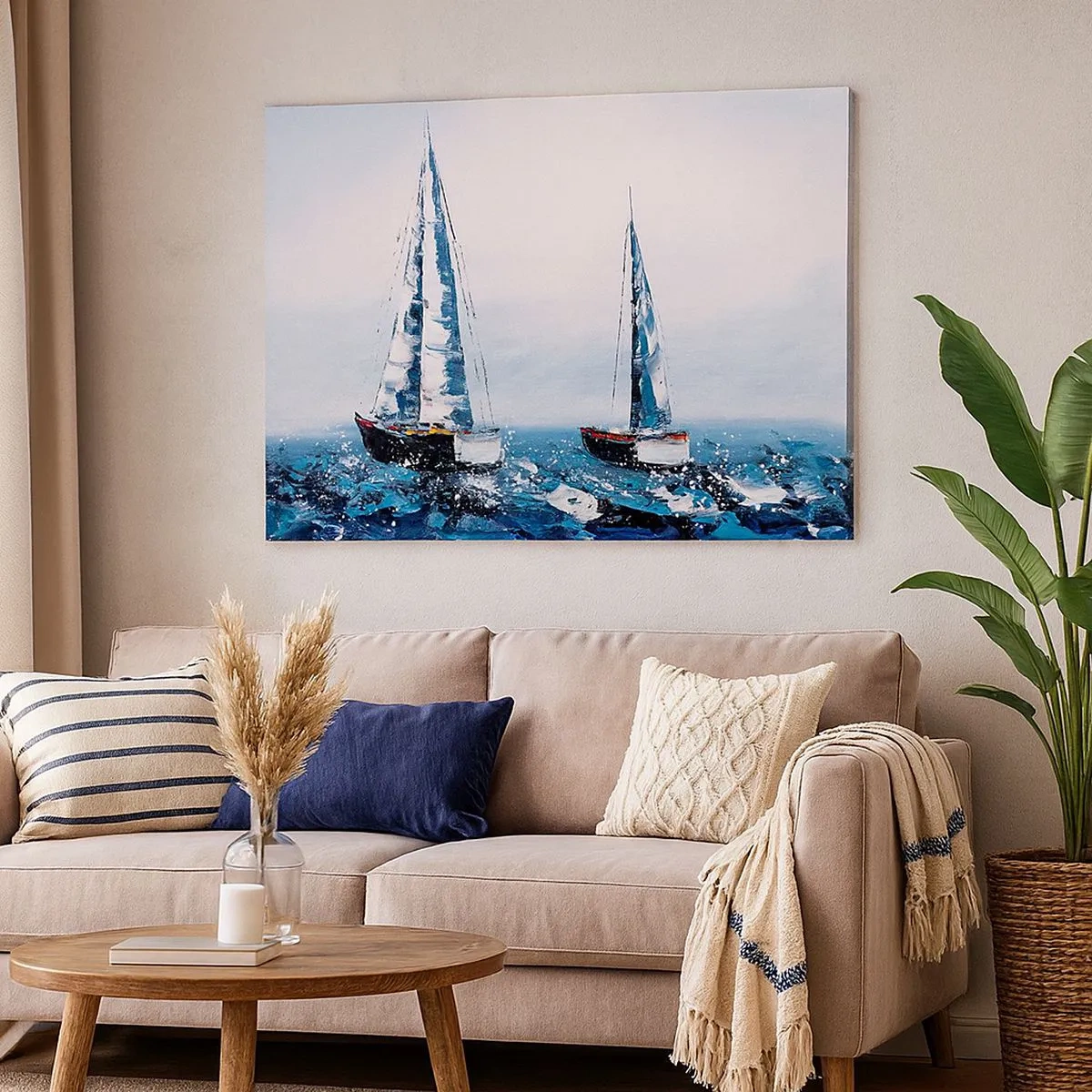 Tablou pe pânză Canvas - Bărci cu pânze pe o mare furtunoasă într-o compoziție picturală - 70x50cm - Frăția vântului - Decorațiune modernă pentru perete pentru living și dormitor ARTTOR