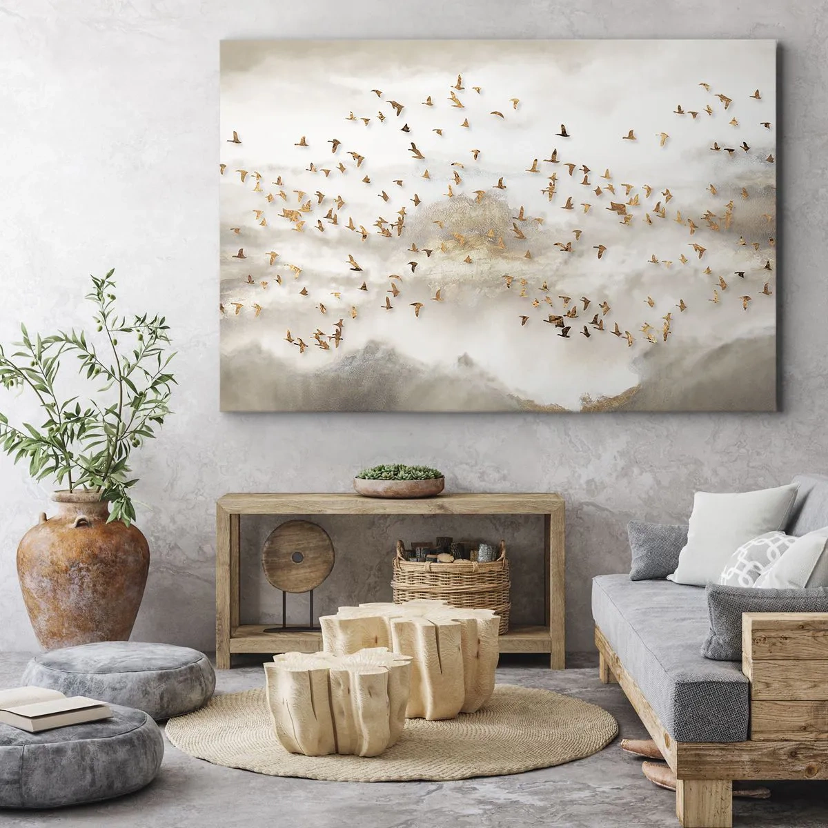Tablou pe pânză Canvas - Păsări aurii pe fundalul munților încețoșați - 70x50cm - A sosit timpul... - Decorațiune modernă pentru perete pentru living și dormitor ARTTOR