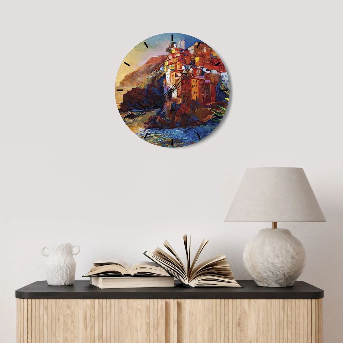 Ceas de perete - Ceas pe sticlă - Un sat pitoresc pe o coastă stâncoasă - 30x30cm - Oraș italian de vis - Decorațiune modernă pentru perete pentru living, bucătărie și dormitor ARTTOR